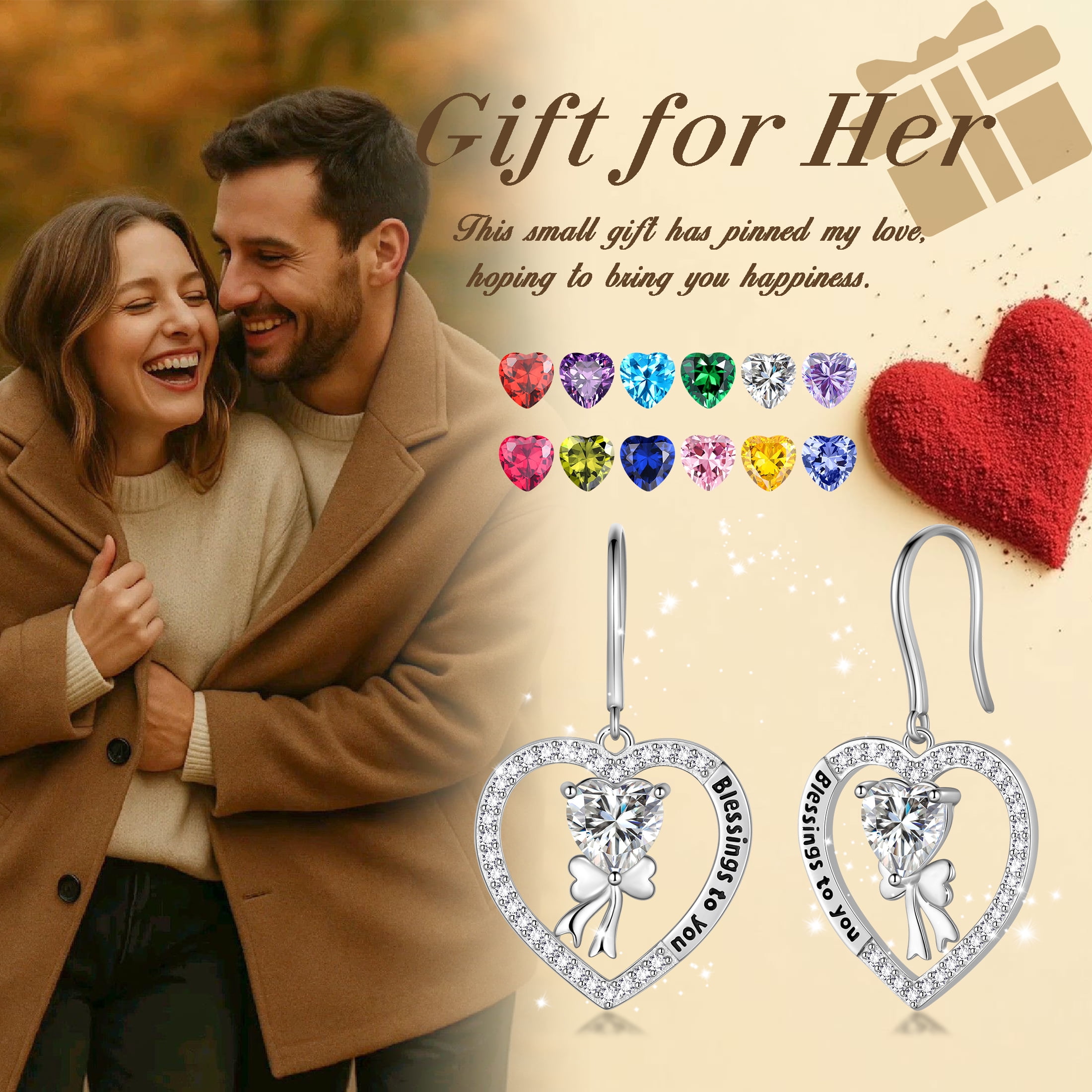 Fasjewly 925 Sterling Silver Heart Birthstone Hook Earrings, Bow Knot Crystal Dangle Christmas Birthday Anniversary Jewelry Gift for Women Mom