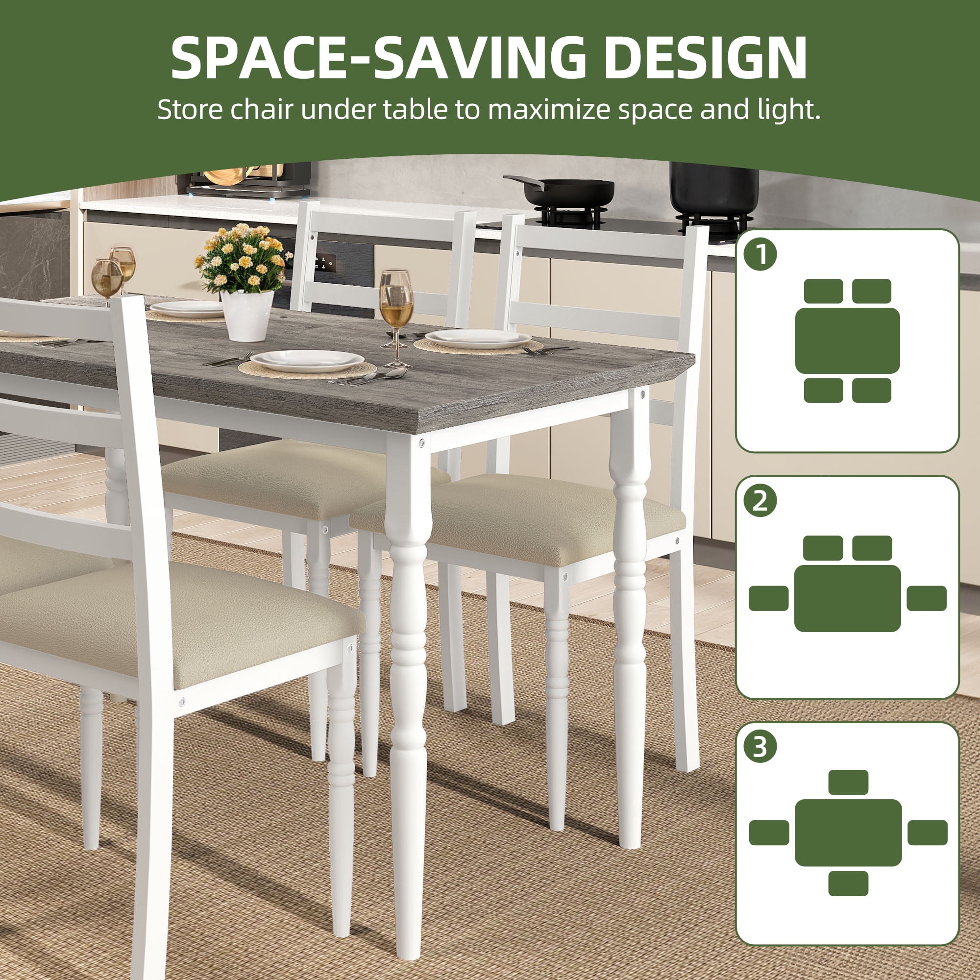 Uforic Dining Table Set for 4, Modern 5 Piece Rectangular Table Set with 4 Upholstered Chairs, Gray