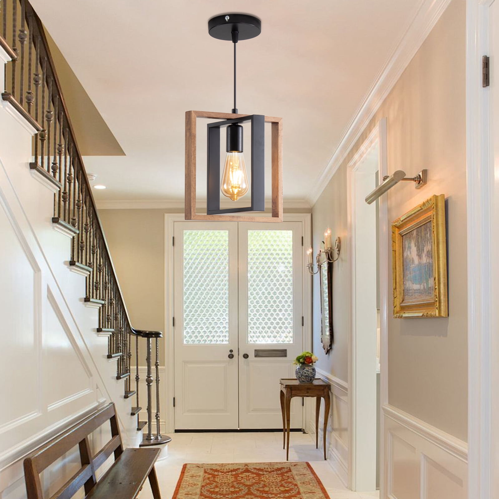 Farmhouse Pendant Light Fixture, Rustic Hanging Light Fixture with Wood Grain and Black Finish