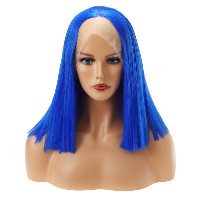 Unique Bargains Pelucas delanteras de encaje para mujer, 12 pulgadas, pelo liso azul medio largo con gorro de peluca