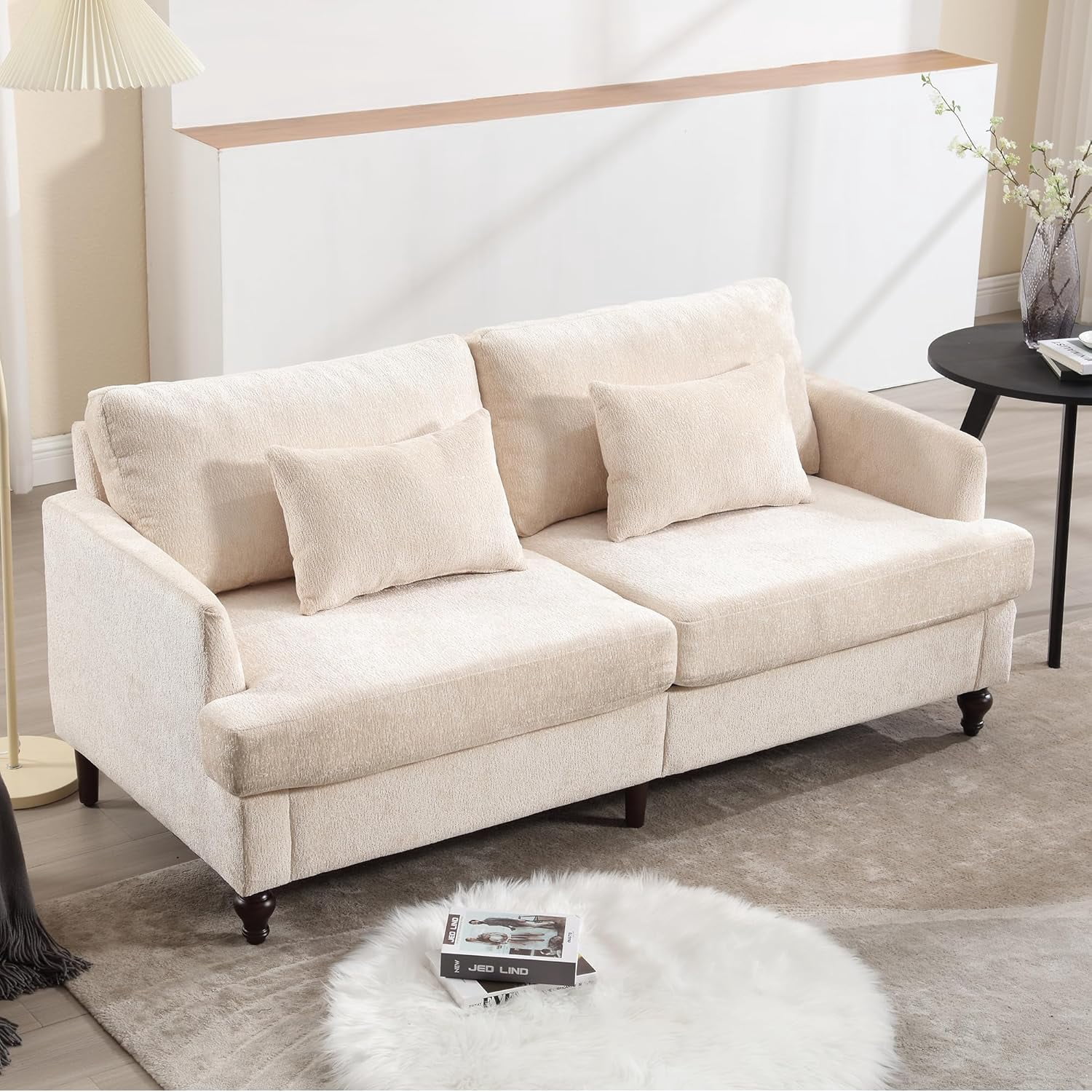MOONMISS chenille Fabric Loveseat sofa, 2-Seat Upholstered for Living Room,Brown wood feet Beige