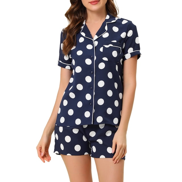 INSPIRE CHIC Womens Short Sleeve Notch Collar Piped Button Down Sleepwear Polka Dots Pajama Sets Large Dark Blue