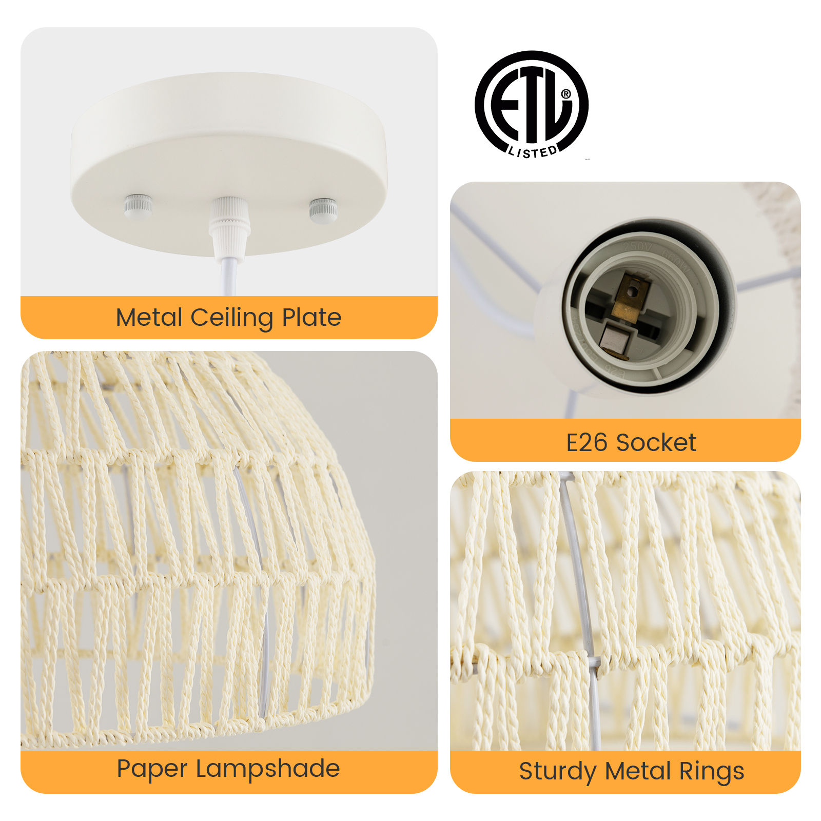 Topbuy Paper Pendant Light Fixture Dome Hanging Ceiling Light with Adjustable Hanging Rope 17.5” Decorative Chandelier
