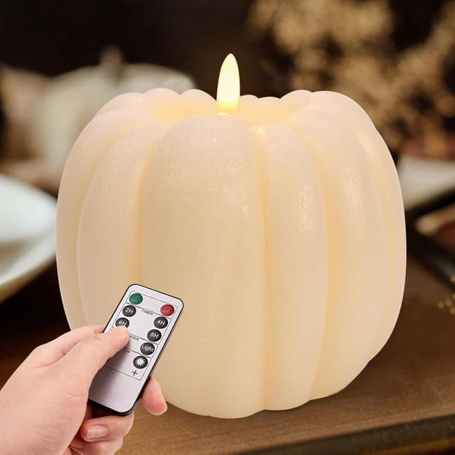 Candela de calabaza a pilas | Luz LED de cera parpadeante sin llama Pumpkin Orange Antiguos desgastados | Control remoto | Decoración del hogar de Halloween Navidad Otoño | 5,31" de ancho x 5,1" de