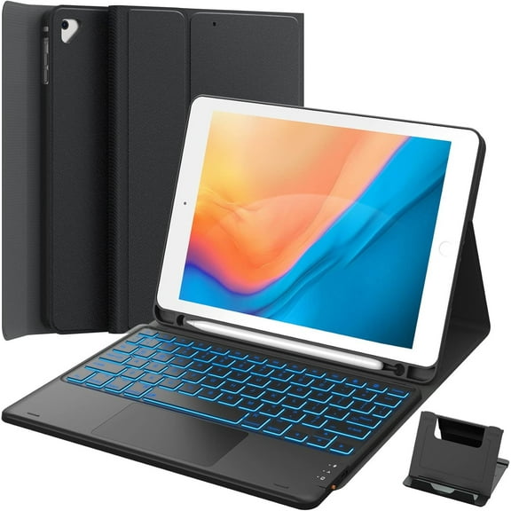 Keyboard Case for iPad 9.7 inch, 7 Color Backlit, 2 BT Devices, Touchpad Keyboard Pro 9.7, Black