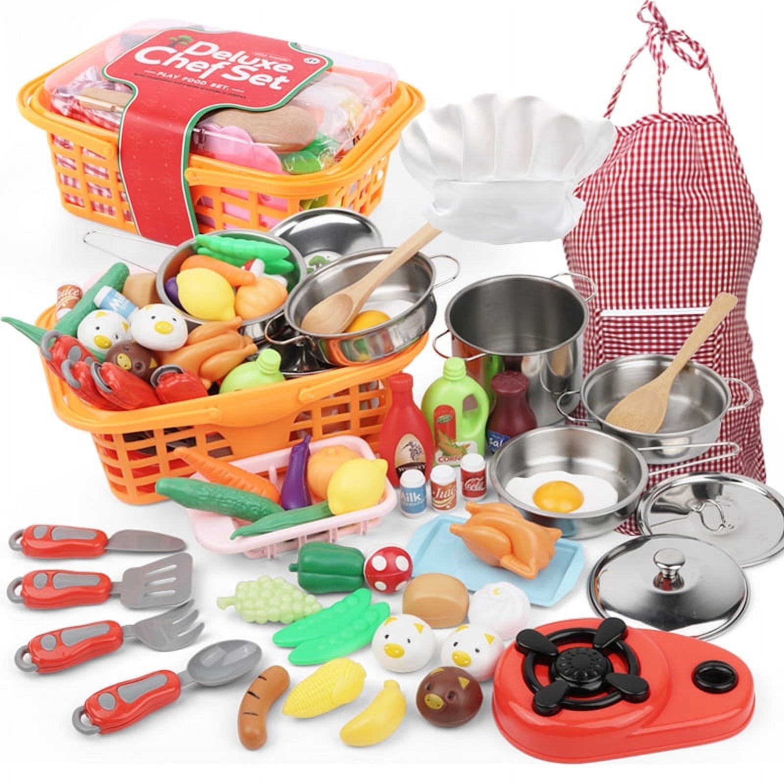 Children's Chef's Set Pretend Play Food Kitchen Toys Accessories Set, Fruits, Vegetables, Stainless-Steel Pots, Pans, Apron, chef's hat for Toddler Boys Girls
