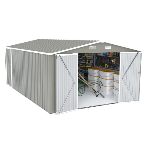Villeston Outdoor Storage Shed 10×14 FT with 3 Lockable Doors,4 Vents,for Backyard Patio Lawn, Light Grey