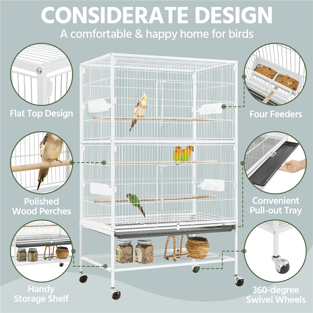 Alden Design 52″ H Rolling Metal Parrot Cage with 3 Perches & 4 Feeders & Extra Storage Shelf, White
