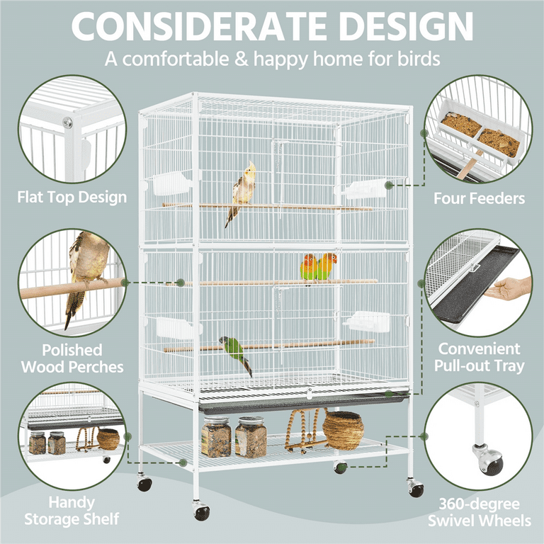 Alden Design 52″ H Rolling Metal Parrot Cage with 3 Perches & 4