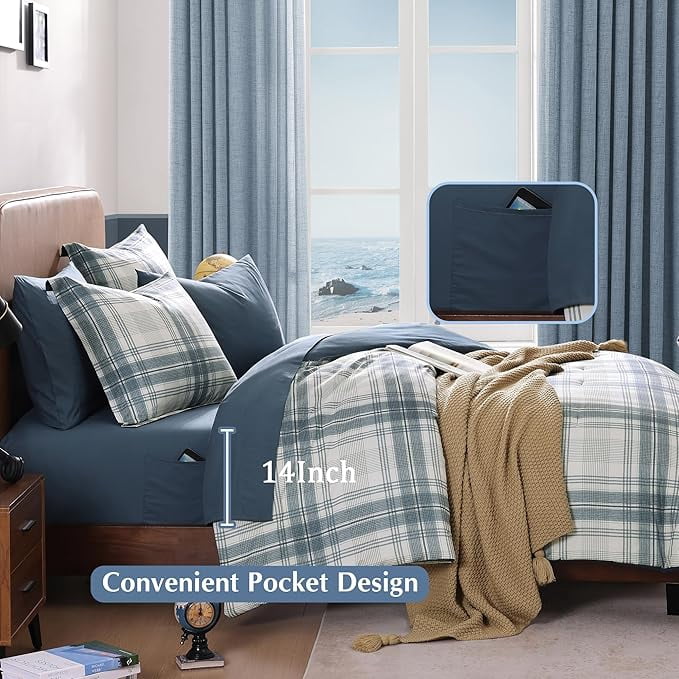 Catami Reversible Checkered Design 5-piece Bed in a Bag Comforter Set with Sheets,Blue Grey,Twin XL