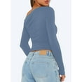thumbnail image 3 of Women'S Casual Long Sleeve Boat Neck Off Shoulder Slim Fit Crop Top Going Out Blouses Y2K Tight Shirts Sea Blue L, 3 of 5