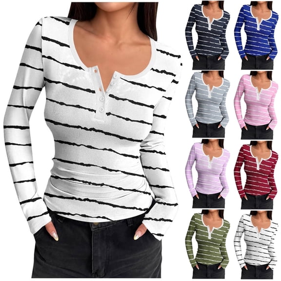 Oksale Striped Ribbed Shirts for Women Casual Henley Neck Stretchy Fall Tops Slim Fit Cozy Long Sleeve Tshirts Fashion Clothing Army Green M