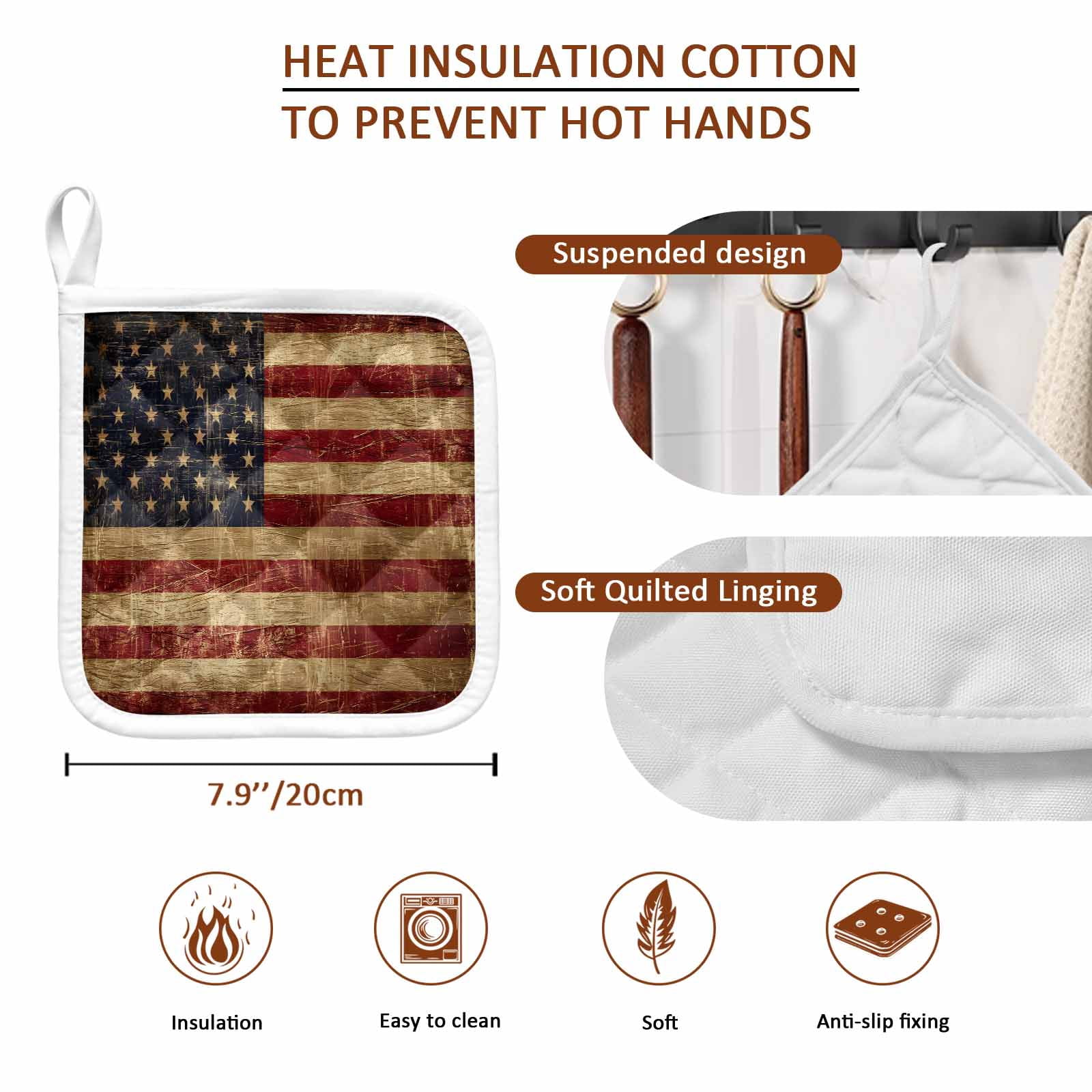 Vintage American Flag Pot Holders for Kitchen Heatproof Potholder, 5 Pack Farmhouse Shabby Retro Red Blue Hot Pads Multipurpose Oven Pads Cloth Potholders Trivet for Cooking Baking