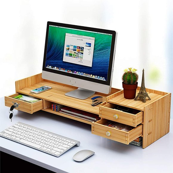 DIY Office Wood Desk Organizer Multifunctional Wooden Storage Shelf Monitor Stand Riser Desktop Tray with Lock Drawer