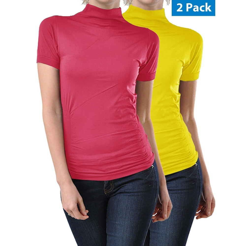 Kuda Moda - 2 Pack Women Seamless Short Sleeve Mock Neck Turtleneck Blouse Top Tee Shirts