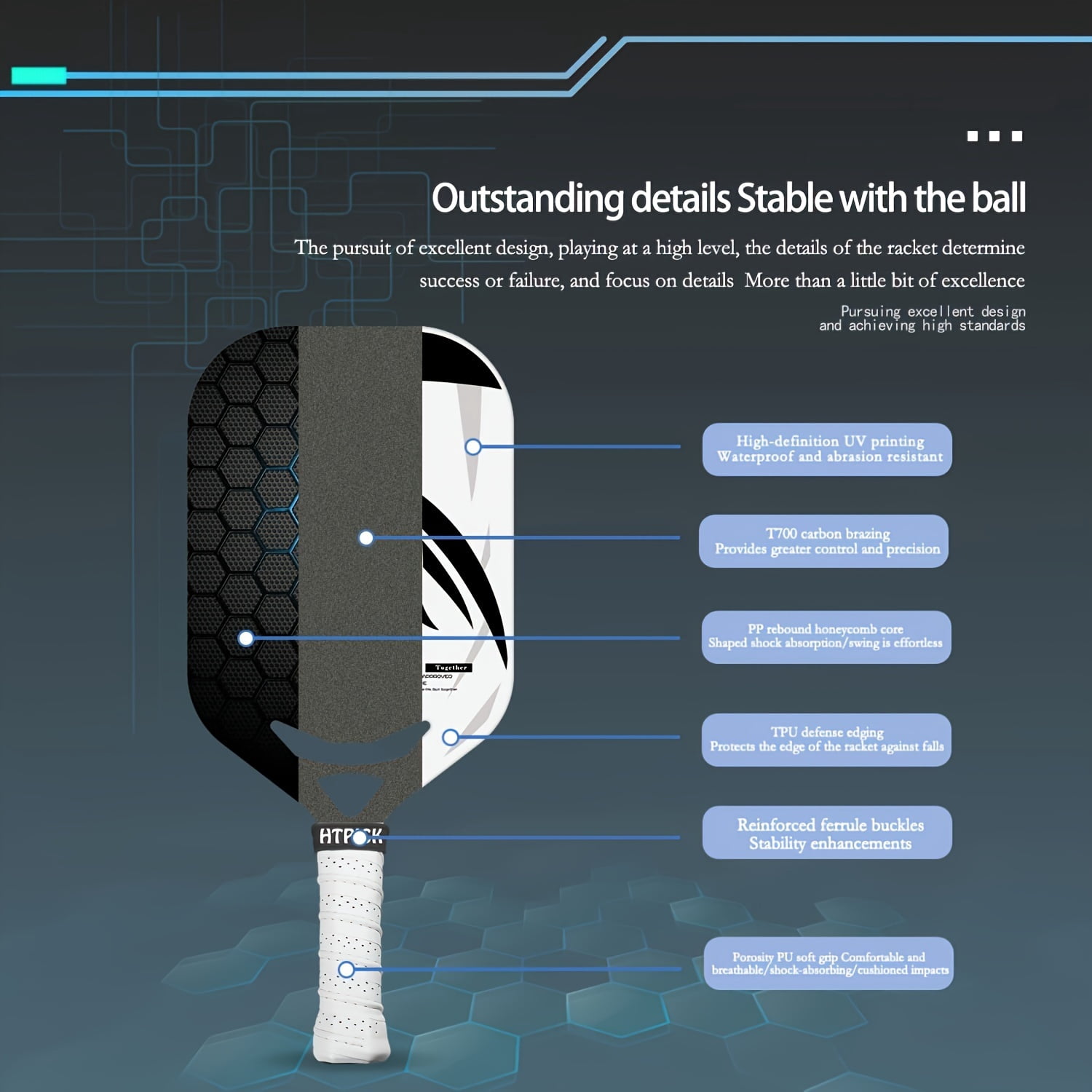 Carbon fiber pickup racket with air throat, hot formed pickup racket for power and control, 14mm polypropylene honeycomb core, textured carbon sand surface
