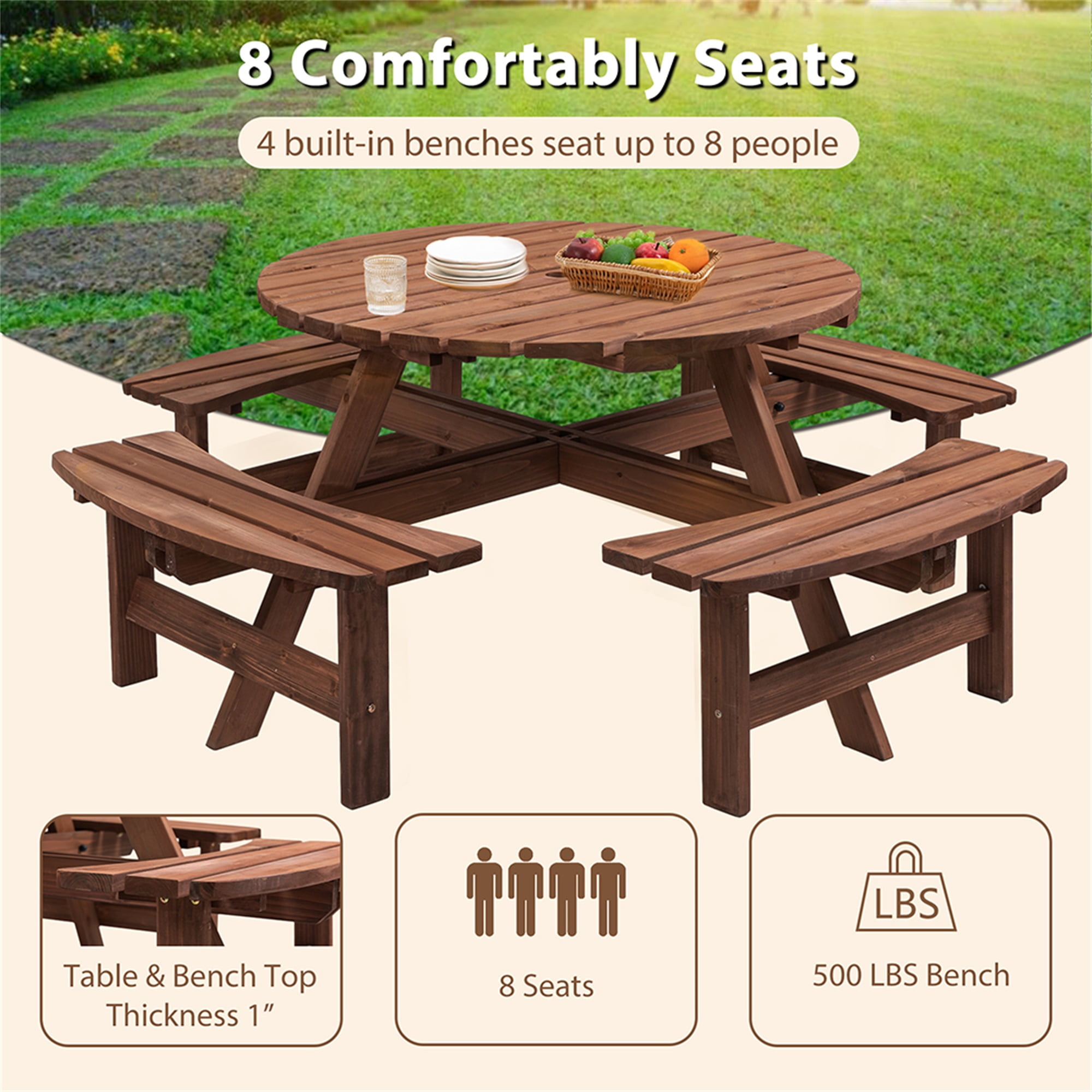 Aimee Lii 8-Person Outdoor Circular Wooden Picnic Table with 4 Built-in Benches for Patio Backyard Garden, Brown Aimee Lii 8-Person Outdoor Circular Wooden Picnic Table with 4 Built-in Benches for Patio Backyard Garden, Brown