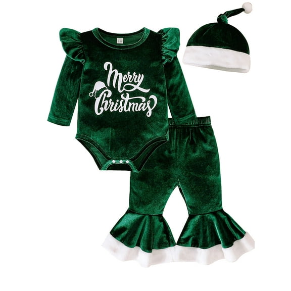 ENFLASH 3-24M Newborn Baby Girl Christmas Outfits Toddler Santa Long Sleeve Romper Pants Hat Clothes Set, Xmas Green