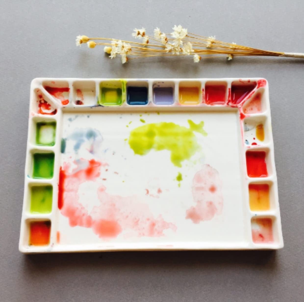 Ceramic Watercolor 18well Rectangle Artist Professional Paint for Acrylic,Gouache Painting Ceramic Mixing Tray (Porcelain) (7.8x5.7in(with Box))