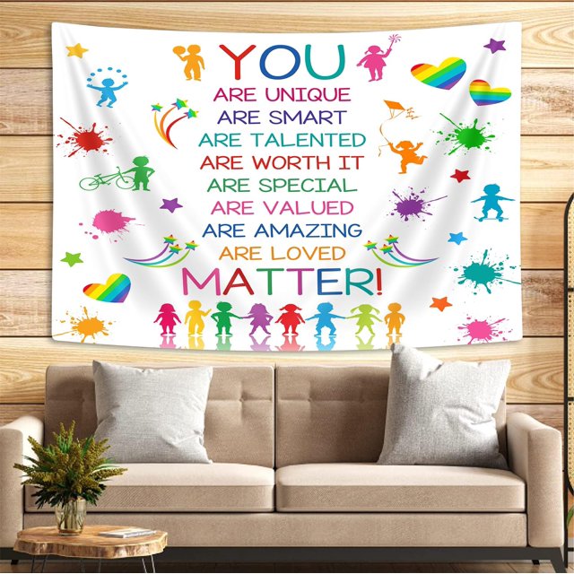 shiyou-Colorful Inspirational Quotes Wall Hanging for Classroom Study Decor, Motivational Lettering Positive Saying Handprints Kids Tapestry for Playroom Nursery Tapestries for Boys and Girls Room