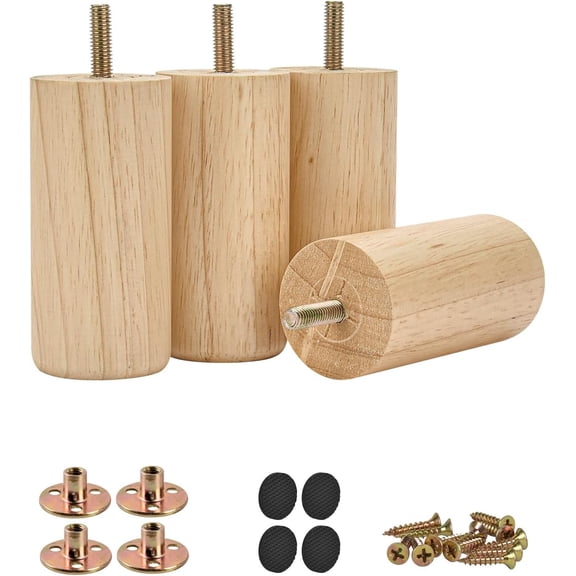 Solid Wood Furniture Legs, 4Pcs Modern Round Wooden Bun Feet Sofa Legs with Threaded M8 Hanger Bolts & Mounting Plate Screws for Couch Cabinet Bed(4 inch /10cm,Varnish)