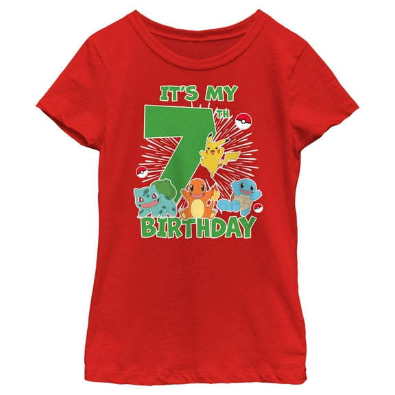 Girl's Pokemon It's My 7th Birthday Starters  Graphic Tee Red Large