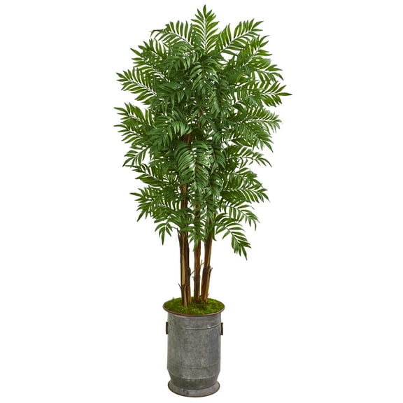 Nearly Natural 76” Parlour Artificial Palm Tree in Copper Trimmed Metal Planter