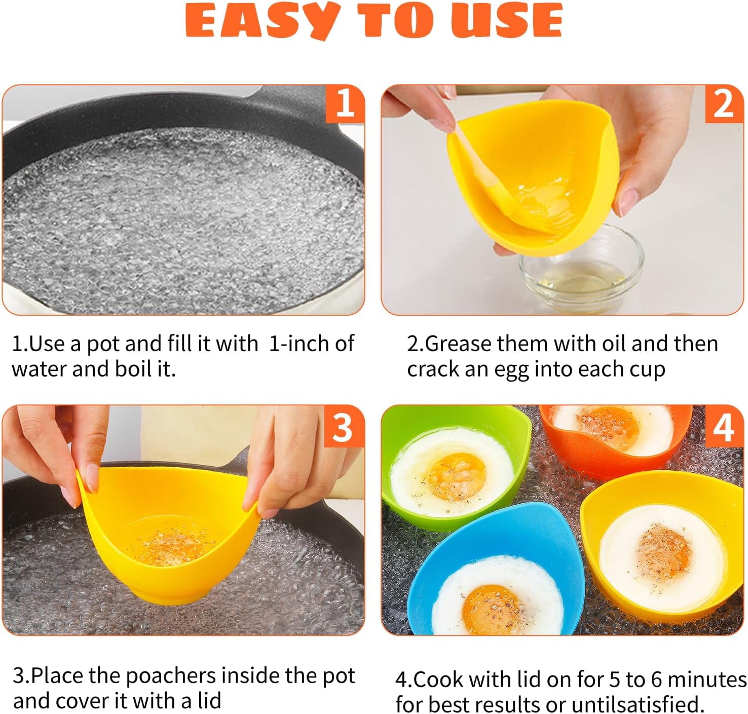 Poached Egg Cooker - Non-Stick Silicone Cups, Microwave & Stovetop, BPA Free