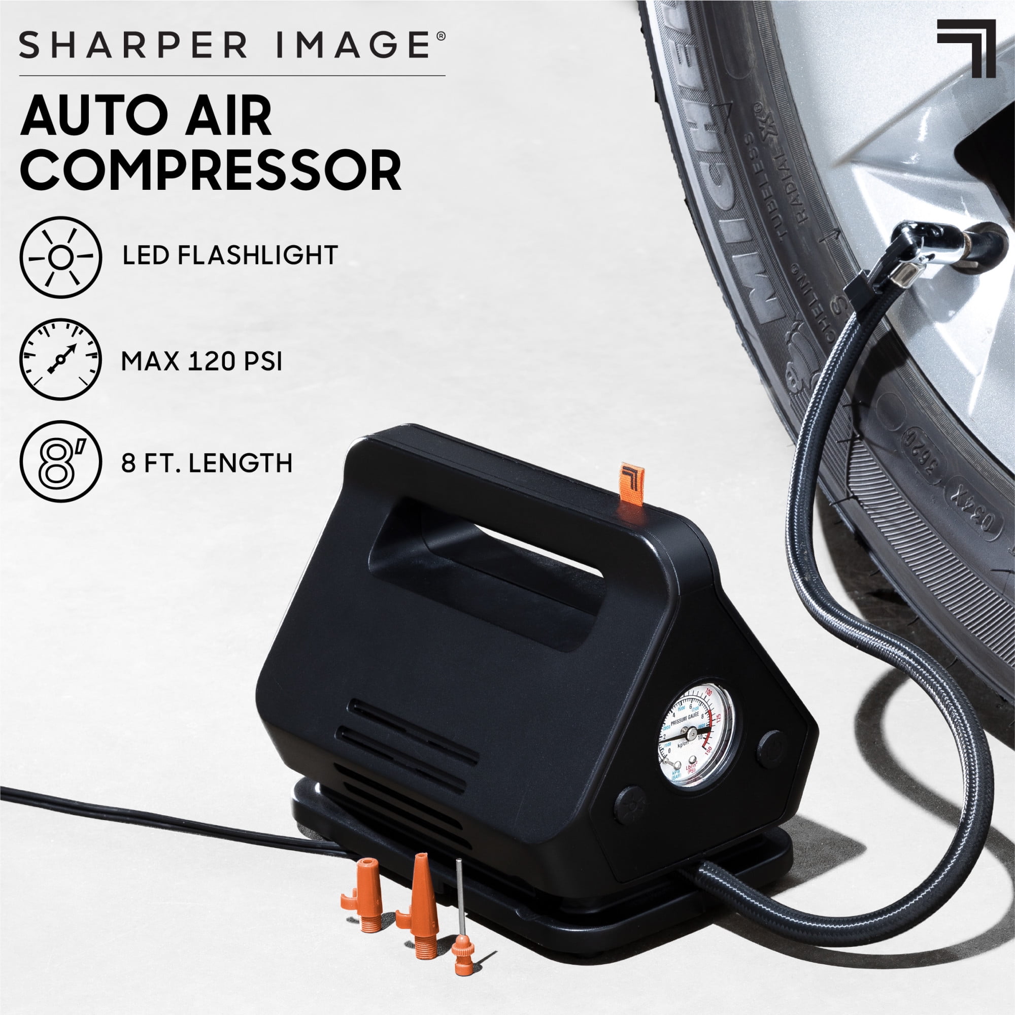 Sharper Image Auto Air Compressor Tire Pump, DC 12V, Max 120 PSI, 8 ft