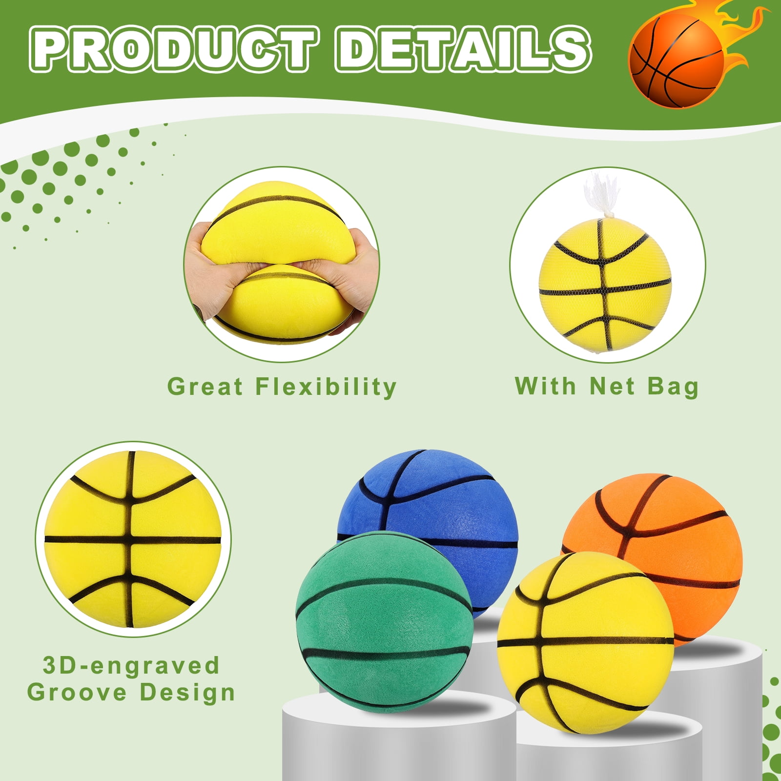 Uxcell Silent Basketball, Size 3 (7.1") Quiet Basketball High Density Foam No Noise 3D Sculpted Groove Bouncing Ball with Net Bag & Lemon Yellow - Fit for (Indoor Training/Dribbling Practice)