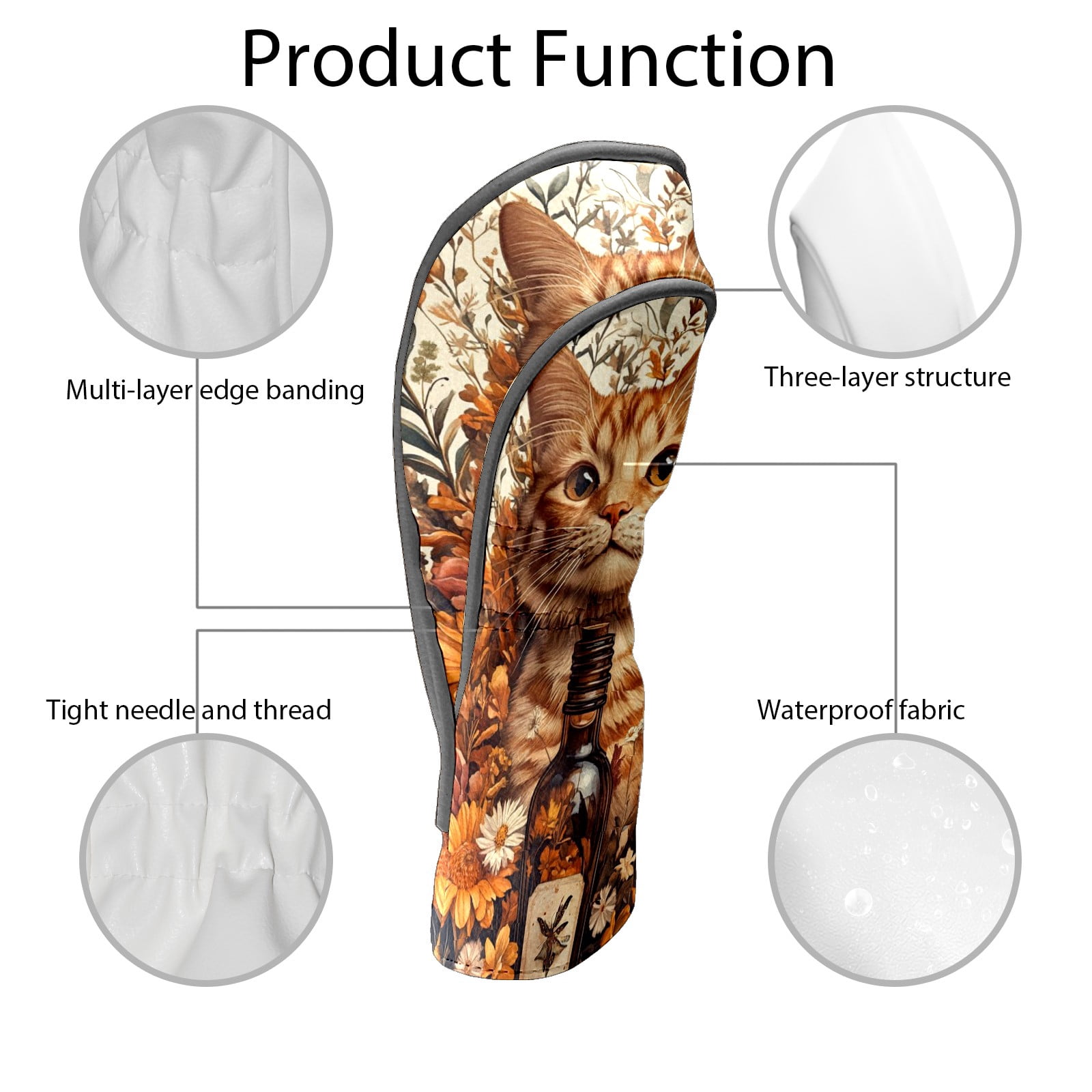 Golf Club Covers PU Leather Waterproof Head Covers for Fairway Woods Hybrids Orange Cat Unisex Fits Most Brands