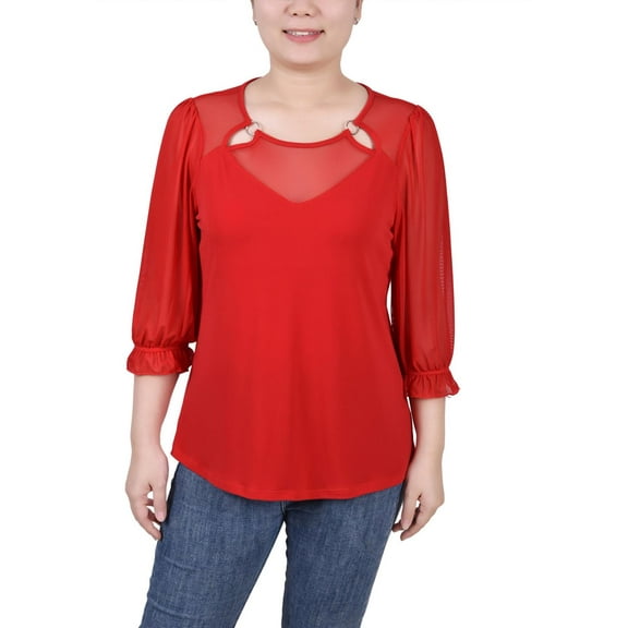 NY Collection Womens Petites O-Ring 3/4 Sleeve Blouse
