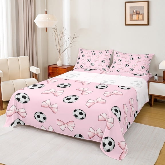 jejeloiu Ribbon Bow Knot Full Size Sheets,Football Sports Bed Sheets,Soccer Sheet Sets For Children,Breathable Bedroom Decoration,4-Piece
