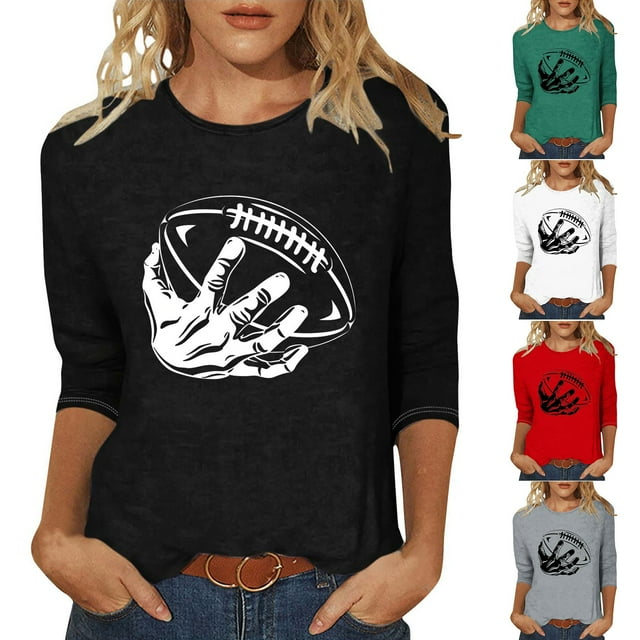 QATAINLAV T-Shirts Graphiques de Rugby pour Femmes Jour de Match 2025 Été Manches 3/4 Hauts Coupe Ample Décontractés Col Rond Blouses Tenues de Vacances 50 pour Cent de Rabais Ventes Aujourd'hui Vert TG