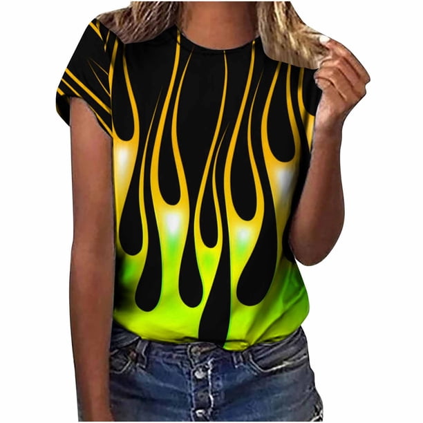 Blusa de manga corta con cuello redondo y estampado de llamas para mujer Pompotops hkajfhjk460410