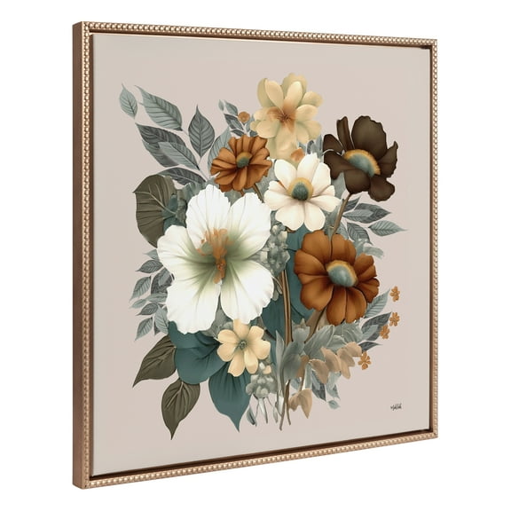 Kate and Laurel Sylvie Beaded Blossom Symphony Vintage Framed Canvas Wall Art by Inkheart Designs, 30x30 Gold, Rustic Fall Floral Bouquet Art for Wall