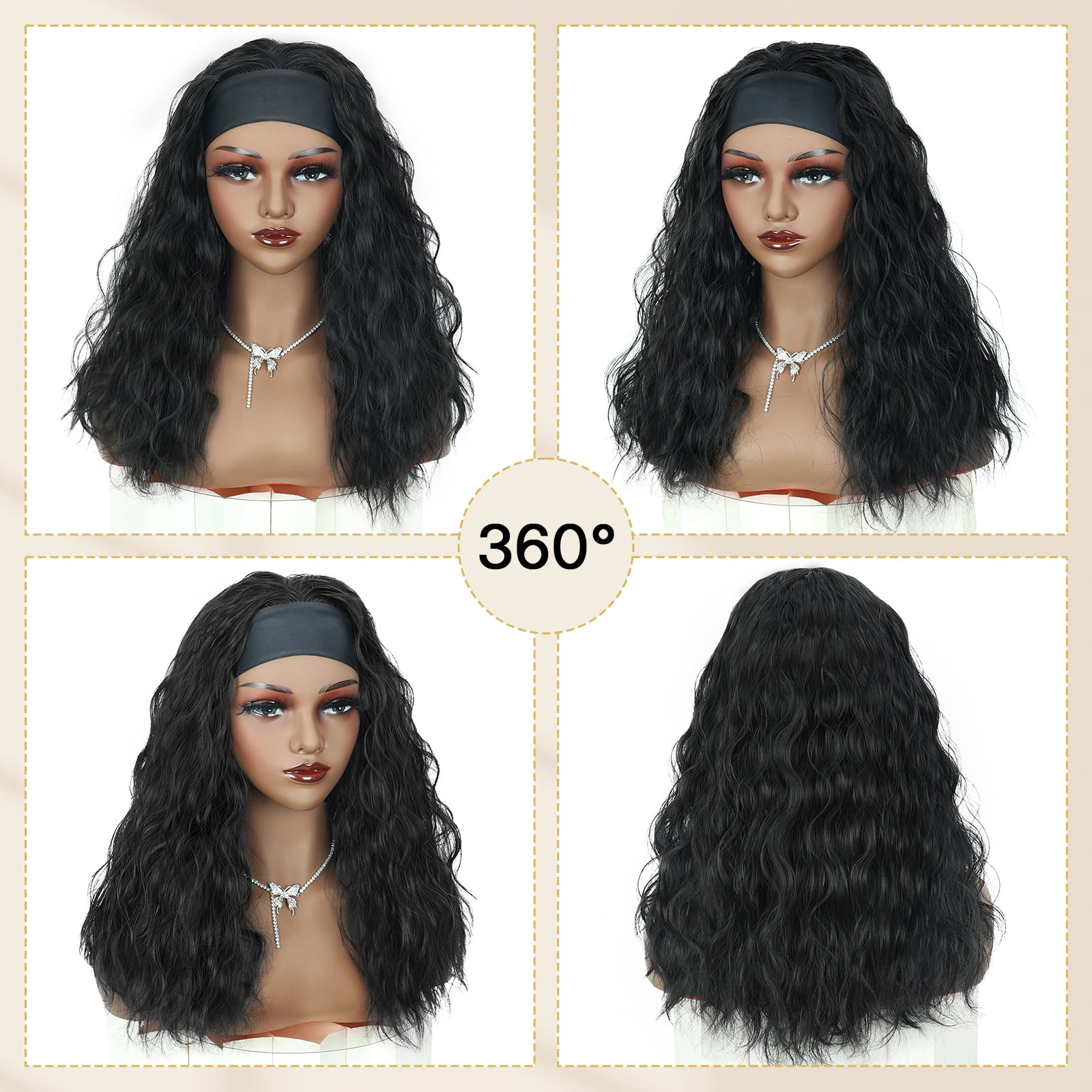 Phocas Long Black Headband Wig for Women，20inch Synthetic Realistic Wavy Wig no Bangs