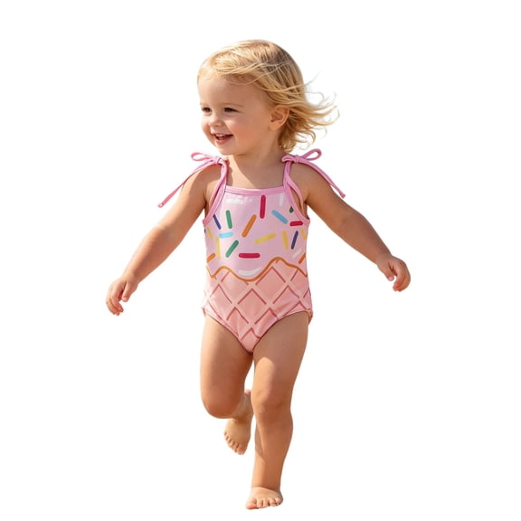 FINALGANG Baby Toddler Girls Ice Cream Sprinkle Print Tie Strap One Piece Swimsuit For Beach Vacations Pool Parties Summer Holiday Water Activities Lightweight Swimwear