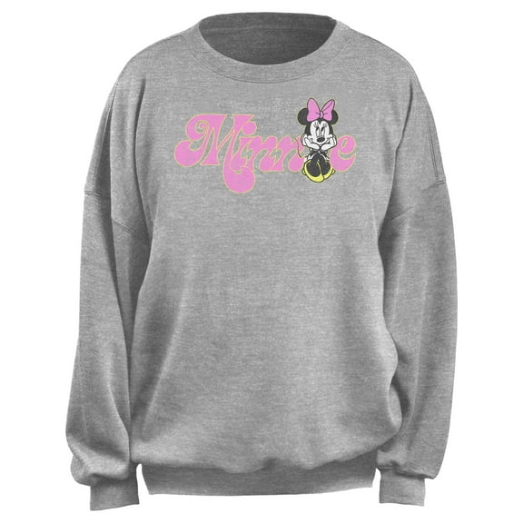 Junior's Minnie Mouse Distressed Retro Pink Logo Sweatshirt Heather Gray Medium