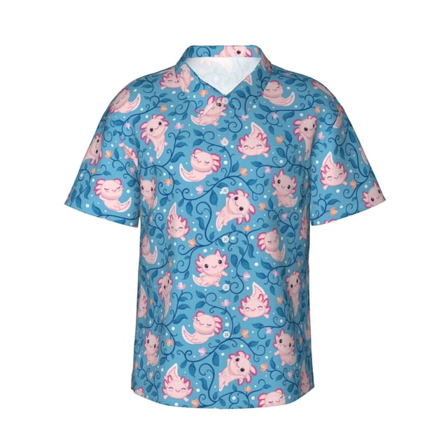 Fotbe happy baby axolotls Camisa Hawaiana para Hombre Unisex – Camisa Casual de Verano con Botones de Manga Corta de Algodón y Lino,Medium