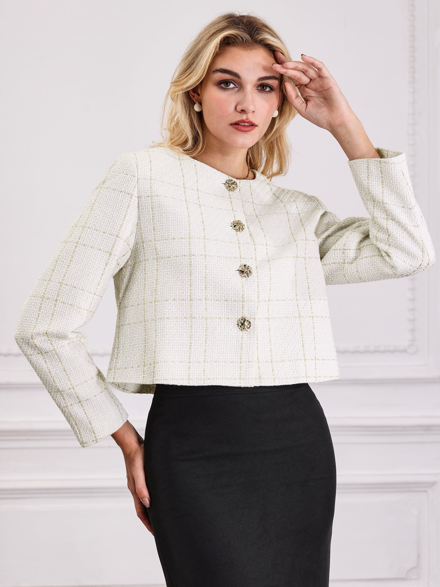 DARING DIVA Women's Collarless Plaid Button Front Crop Tweed Jacket L Beige White