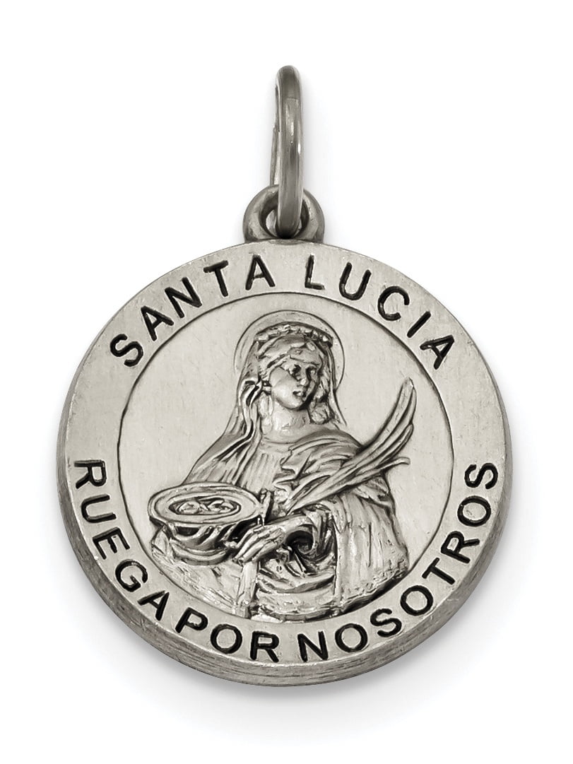Jewel Tie 925 Sterling Silver Satin Antiqued-Style Spanish St Lucy Medal Pendant 19mm x 28mm 