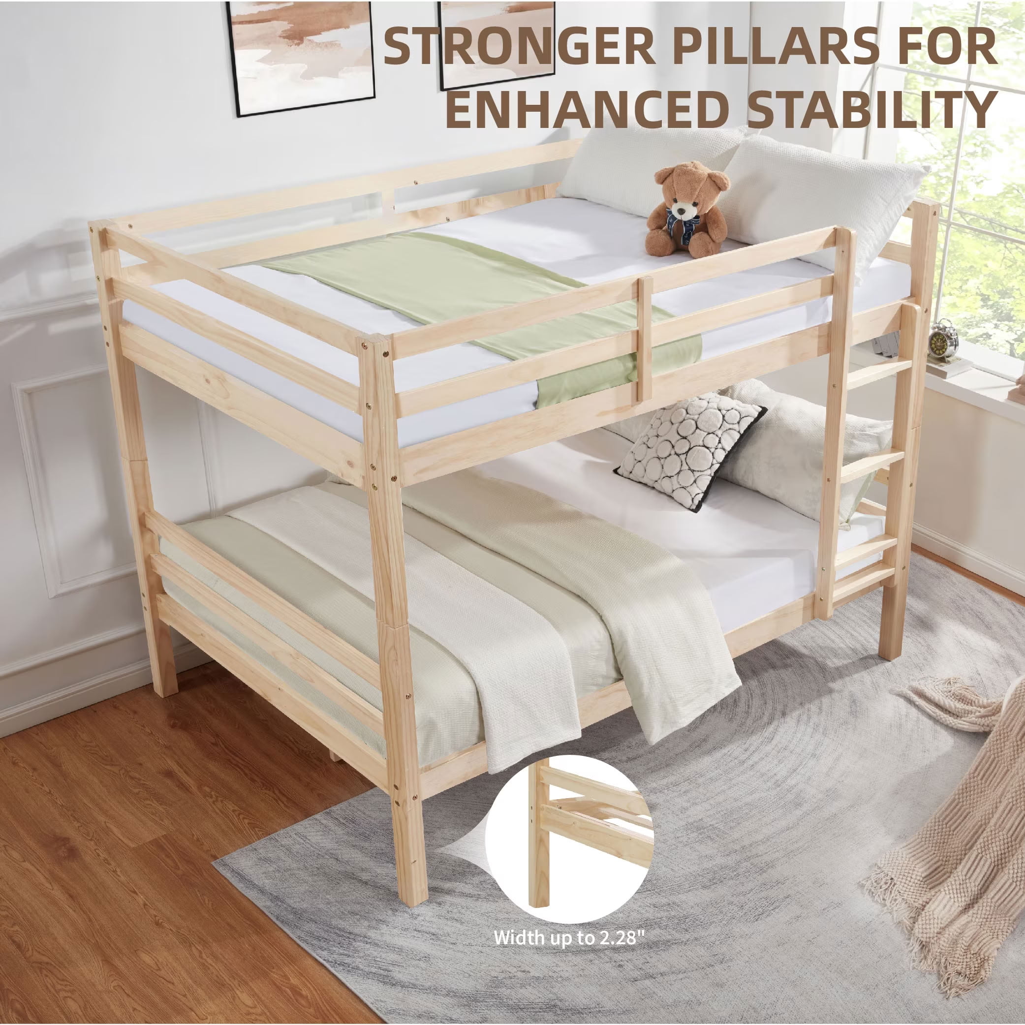 MAYEERTY Full over Full Bunk Bed with Thick Posts, Solid Wood Bed Frame with High Guardrail and Ladder, for Kids Teens Dorm Rooms, No Box Spring Needed
