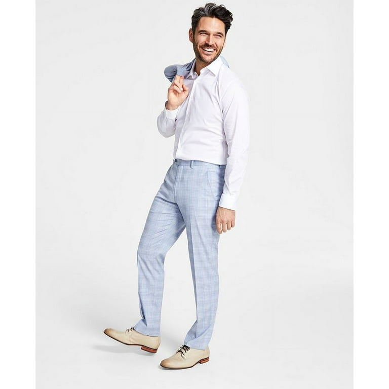 Alfani Mens Slim fit Dress Pants 29 30 Light Blue Plaid Stretch