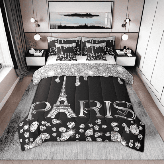 Eiffel Tower Comforter Full 7 Piece,(Not Real)Black and White Bling Bling Sparkles Bed in A Bag,Gradient Diamond Bedding Sets,Girly Sequins Reversible Bed Sets with Sheet Set