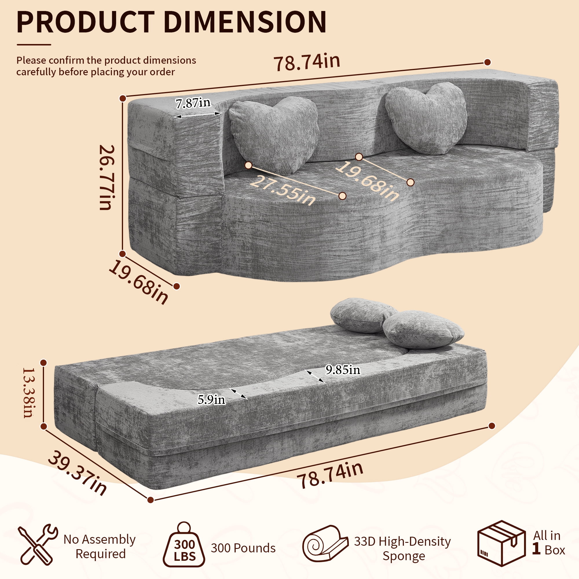 78.74"W Heart-Shaped Convertible Sofa,Floor Couch,Sleeper Sofa Bed,No Assembly High-Density Sponge Loveseat with 2 Heart Pillows for Living Room, Apartment,Silver Gray