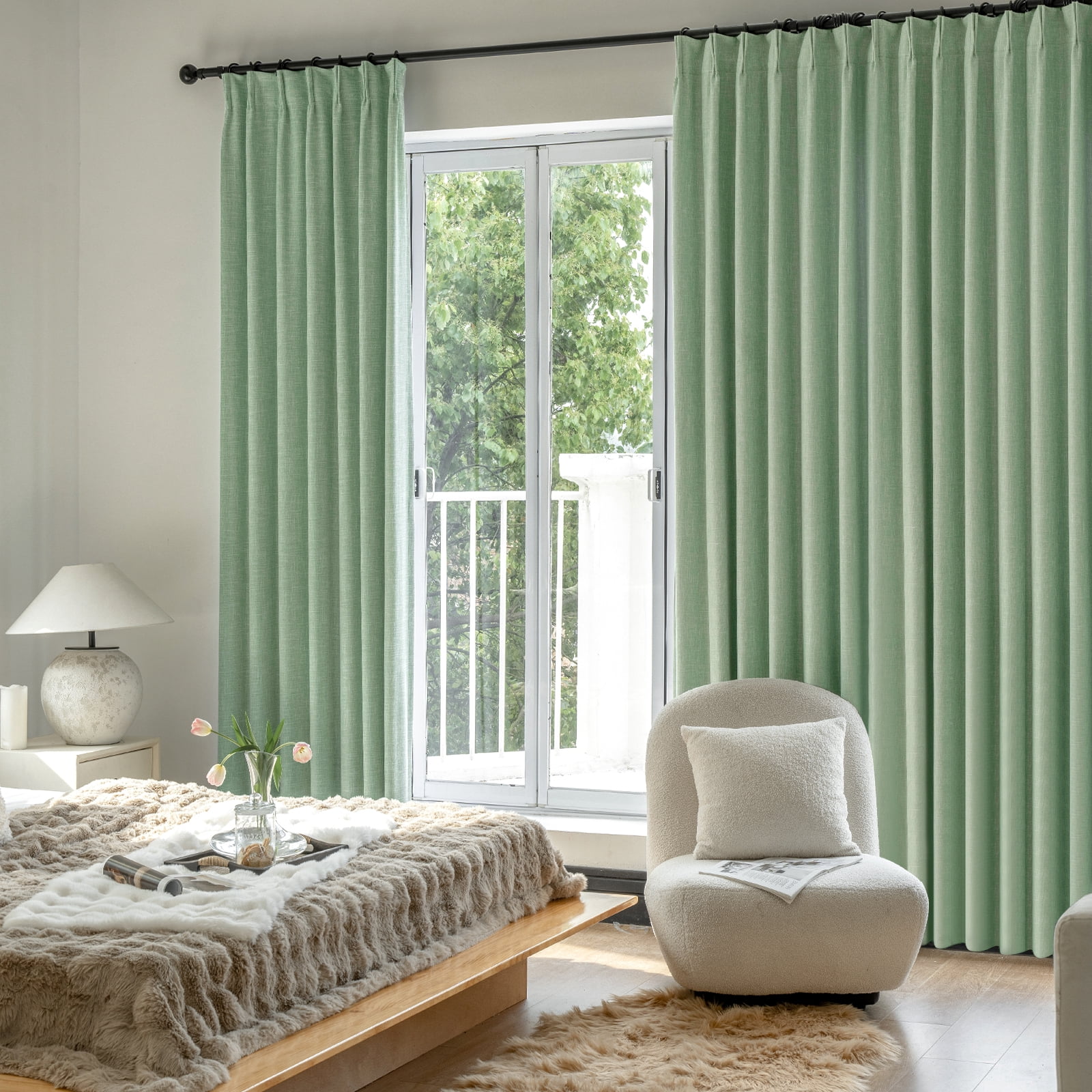 Nalqet Linen Pinch Pleated Full Blackout Curtains for Bedroom - 2 Pages Black Out Grass Green Curtains 102 Inch Long 2 Panel for Living Room Darkening Thermal Window Curtain Drapes with 16pc Hooks