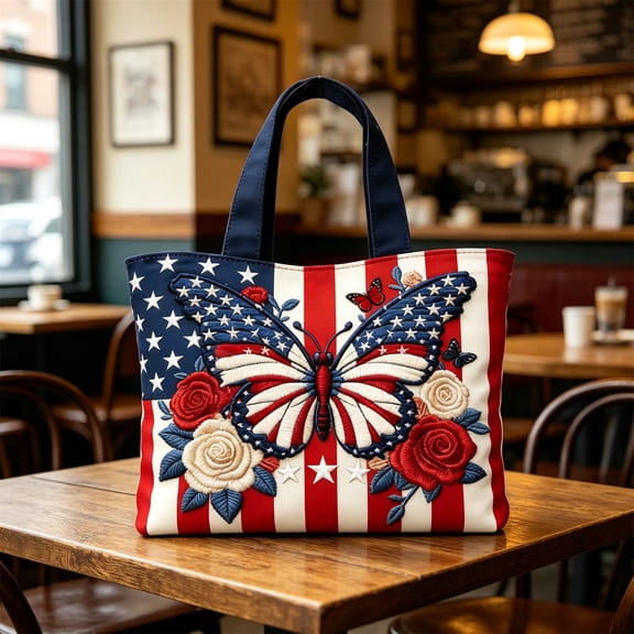 Patriotic Butterfly Tote Bag, 250th Anniversary American Flag Embroidered Handbag for Daily Use and Festivals, 13.8*15.0 Inch