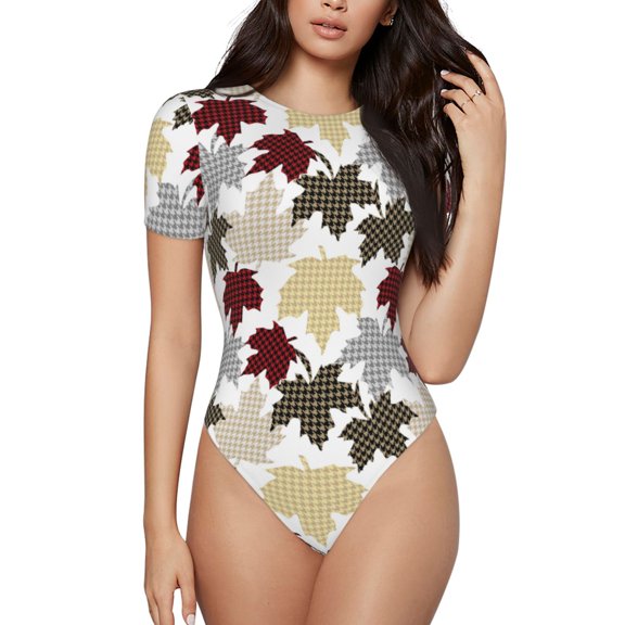 Rateoe colorful Maple Printed Women Rash Guard Short Sleeve,Tummy control Swimsuit Surfing Swimsuit Bathing Suit Short-sleeved Onesie UPF 50 -Small
