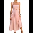 thumbnail image 1 of Robe Midi d'Été pour Femmes à Nouer devant, Boutonnée, Coupe Trapèze, Bretelles Spaghetti, Imprimés Floraux, Rose, M, 1 of 9